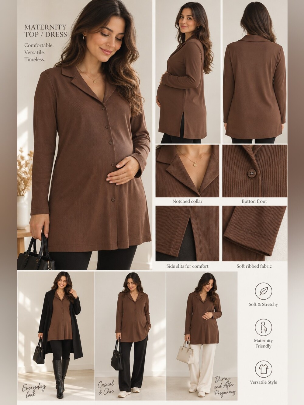 Relaxed Ribbed Button-Front Hooded Long Top in Brown Size 42